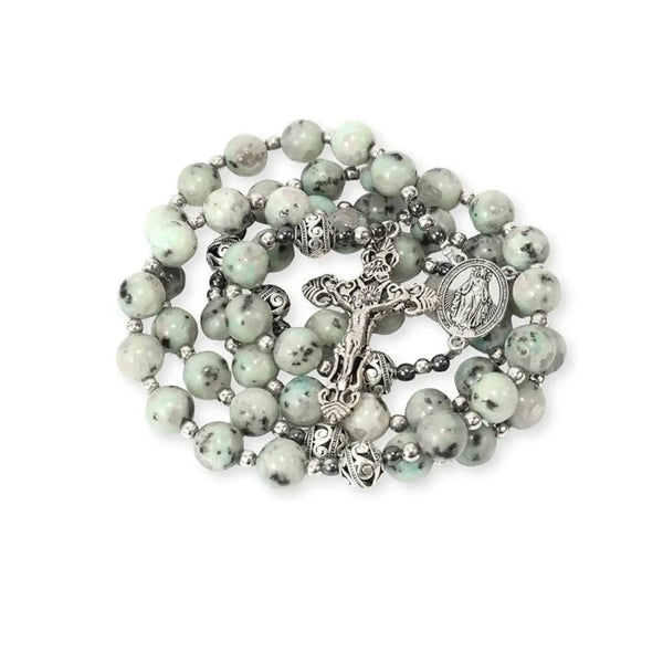 Dalmatian Jasper Natural Stone Rosary Beads Necklace Holy Soil & Cross - Nazareth Store