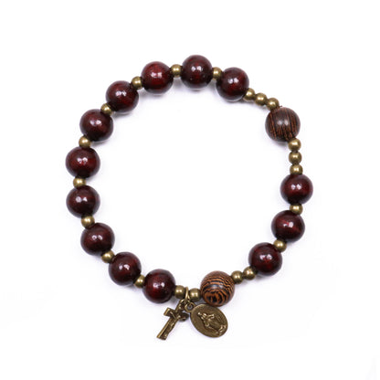Dark Brown Wooden Bead Rosary Bracelet with Antique Bronze Miraculous Medal & Cross