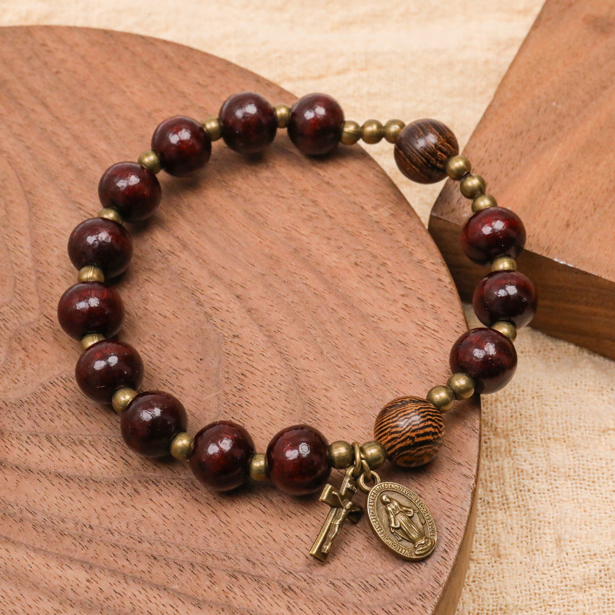 Handmade Catholic Stretchable Bracelet Wood Beads Antique Bronze Religious Gift for Men and Women