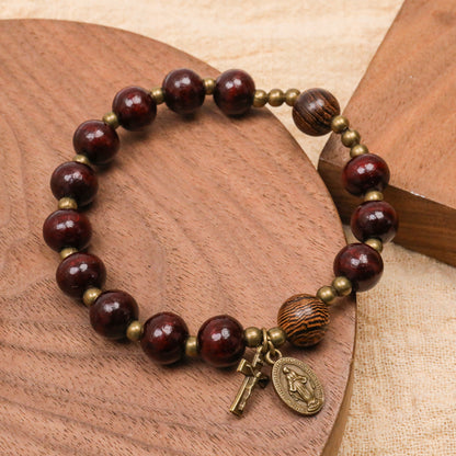 Handmade Catholic Stretchable Bracelet Wood Beads Antique Bronze Religious Gift for Men and Women