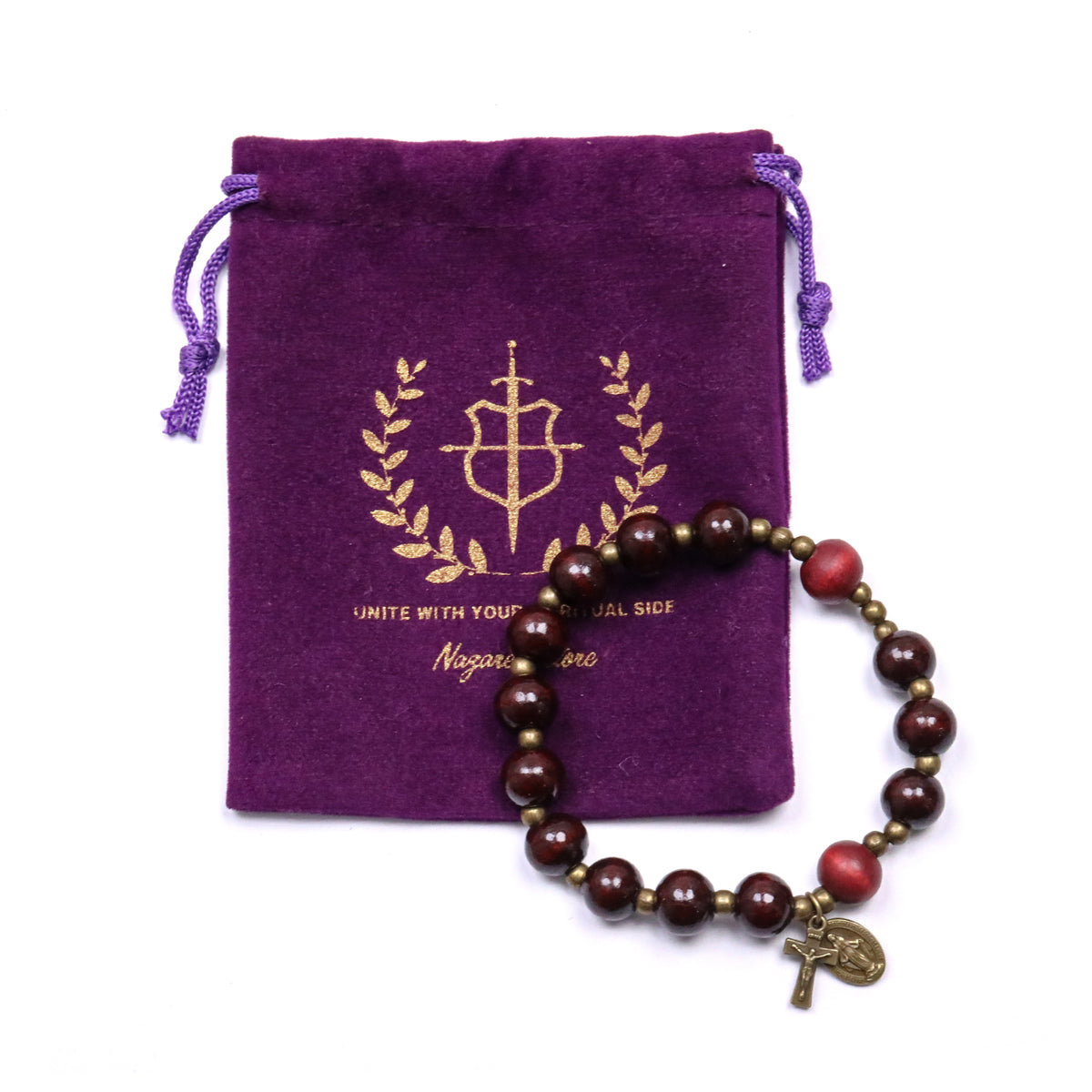 Dark Red Wooden Bead Rosary Bracelet with Antique Bronze Miraculous Medal & Cross