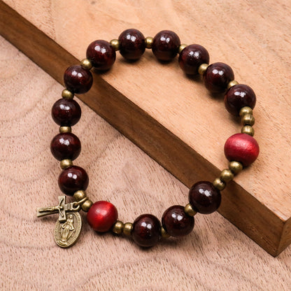 Dark Red Wooden Rosary Bracelet with Bronze Miraculous Medal & Cross