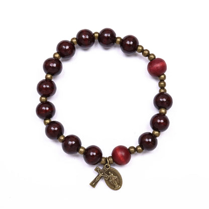 Dark Red Wooden Bead Rosary Bracelet with Antique Bronze Miraculous Medal & Cross