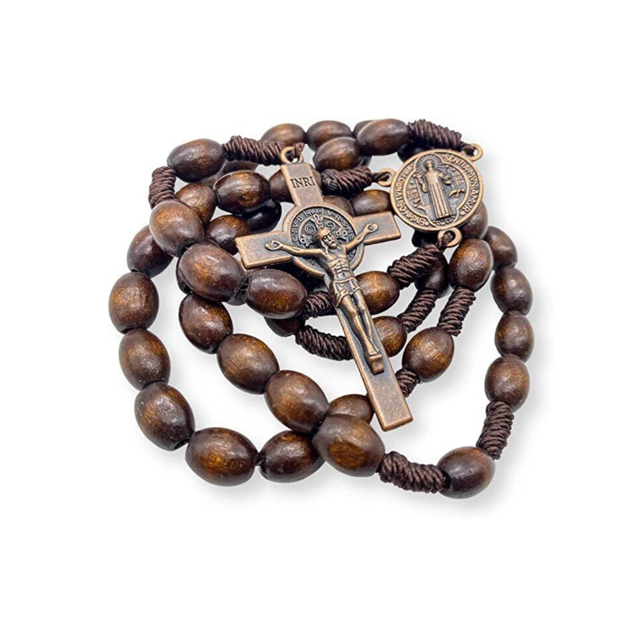 Finished wooden Catholic rosary with a Saint Benedict medal and crucifix