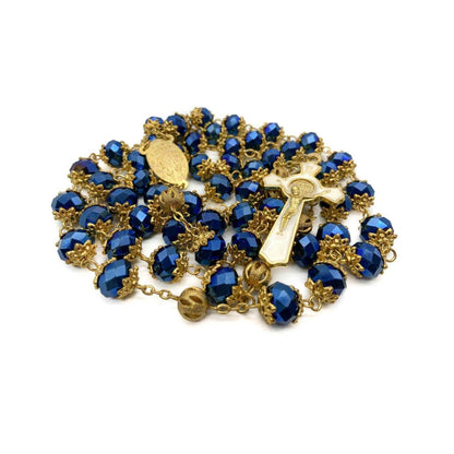 Deep Blue Crystal Rosary Necklace with Miraculous Medal & St. Benedict Crucifix - Nazareth Store