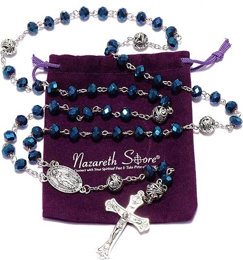 Crystal & Alloy Prayer Beads Rosary Necklace Miraculous Medal and Jesus Cross - Nazareth Store