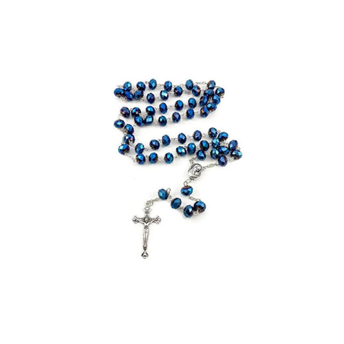 Collar Rosario con Cuentas de Cristal Azul Profundo Medalla y Cruz de Tierra Santa