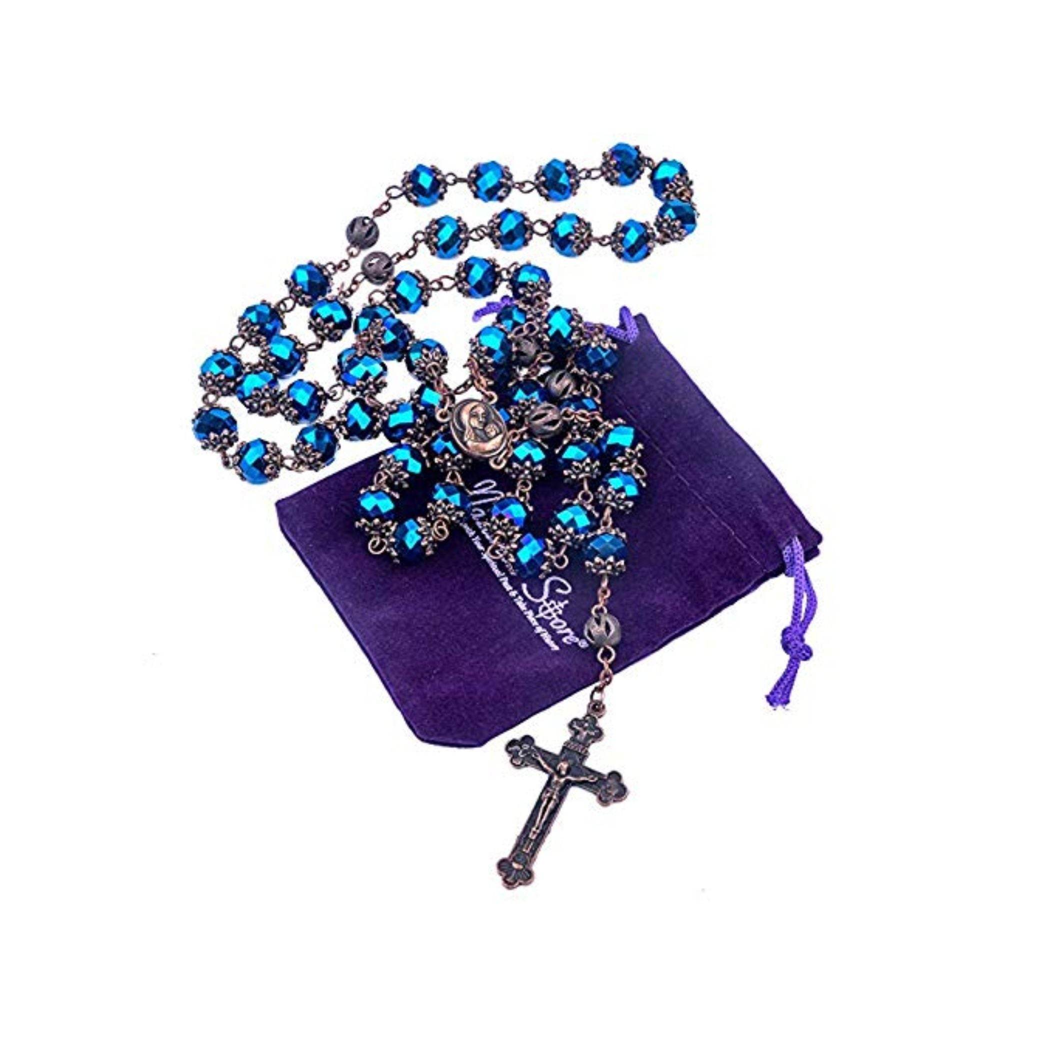 Men’s Deep Blue Crystal Rosary Necklace with Holy Soil Medal & Crucifix- Nazareth Store