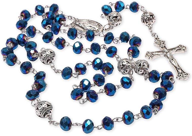 Crystal & Alloy Prayer Beads Rosary Necklace Miraculous Medal and Jesus Cross - Nazareth Store