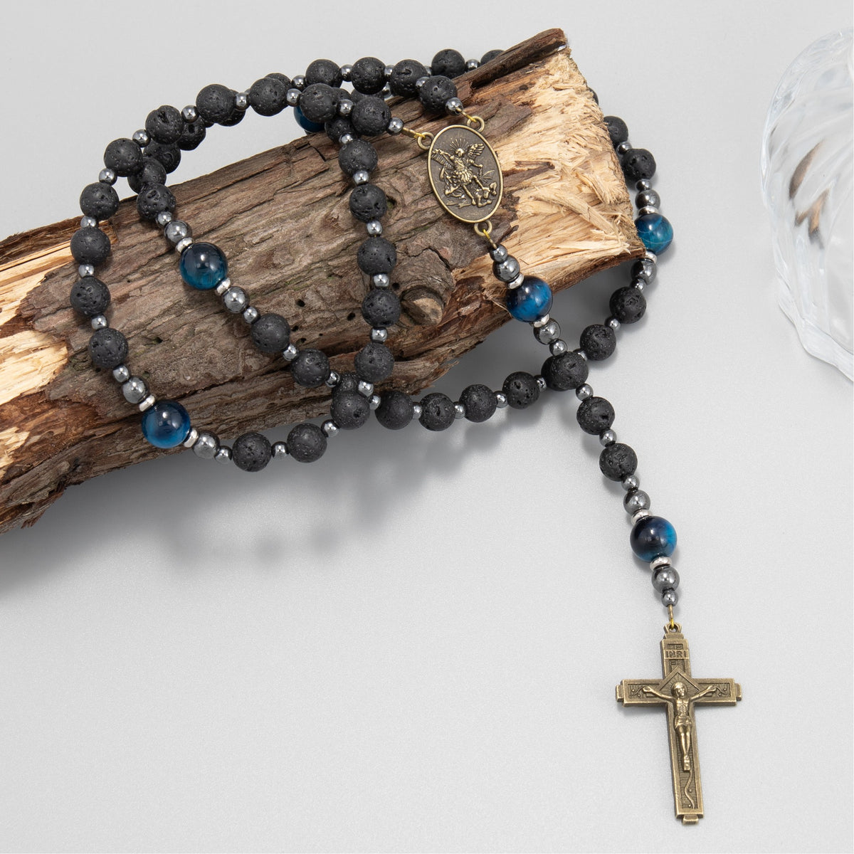 St. Michael Black Lava Stone Beads with Blue Tiger Eye Beads Rosary Necklace for Men's - Nazareth Store