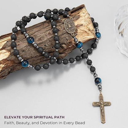 St. Michael Black Lava Stone Beads with Blue Tiger Eye Beads Rosary Necklace for Men's - Nazareth Store
