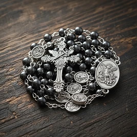 Hematite Rosary Necklace with Silver Archangel Medal & St. Michael Cross - Nazareth Store