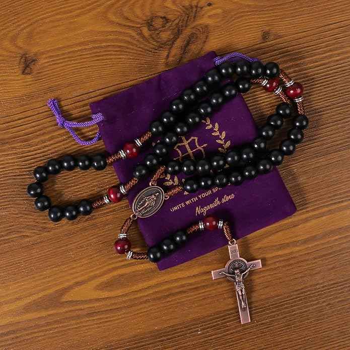 Handmade Black & Dark Red Wooden Rosary Necklace Antique Copper Miraculous Medal & Crucifix Catholic Prayer Beads for Men 