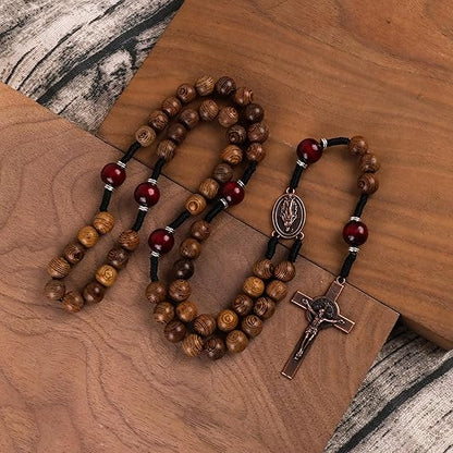 10mm olive wood beads and 12mm dark red wood mystery beads, this rosary offers a bold, strong design that’s perfect for men.