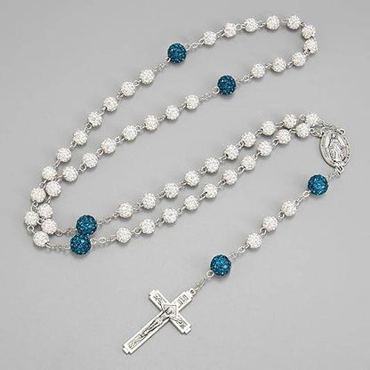 White with Blue Beads Rhinestones Crystal Beads Rosary Necklace - Nazareth Store