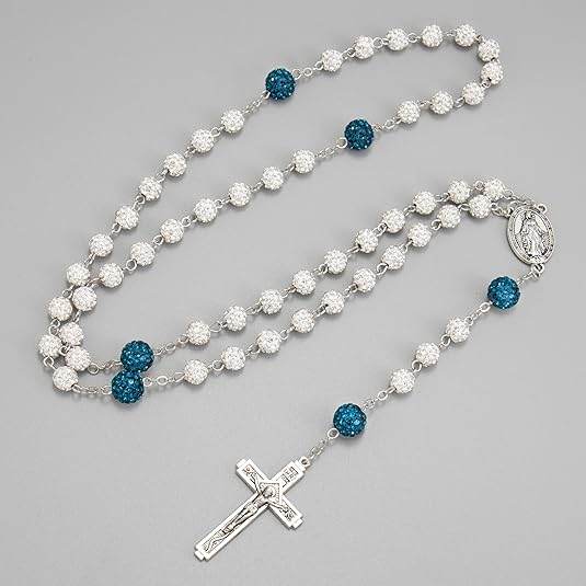 White with Blue Beads Rhinestones Crystal Beads Rosary Necklace - Nazareth Store
