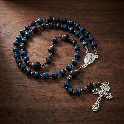 Blue Tiger Eye Rosary Necklace Lava Stone Prayer Beads with Our Father Medal & Crucifix - Nazareth Store 