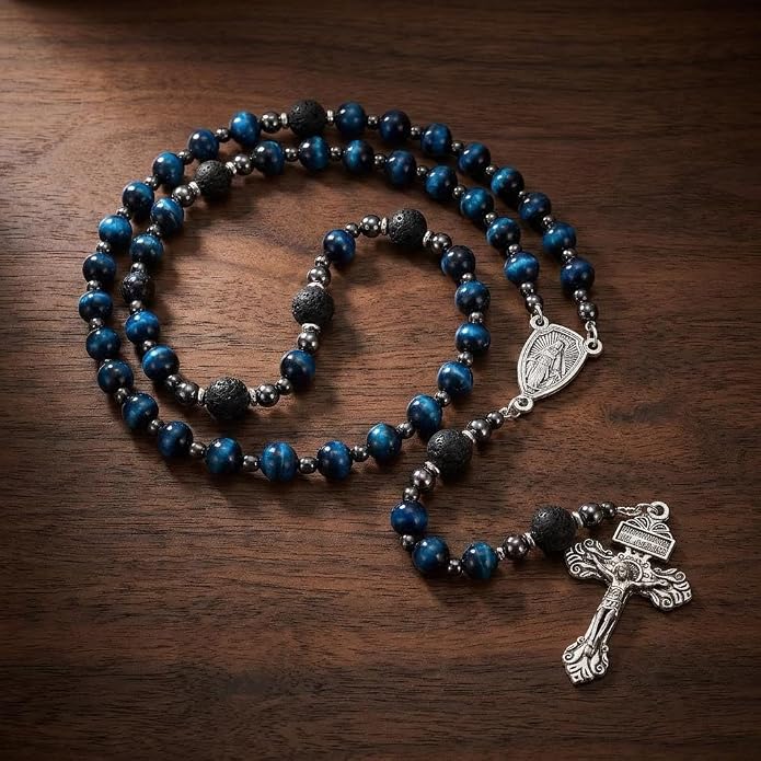 Blue Tiger Eye Rosary Necklace Lava Stone Prayer Beads with Our Father Medal & Crucifix - Nazareth Store 