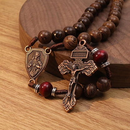 Handmade Wooden Beads Rosary Necklace with Our Father Medal & Crucifix Religious Gift - Nazareth Store