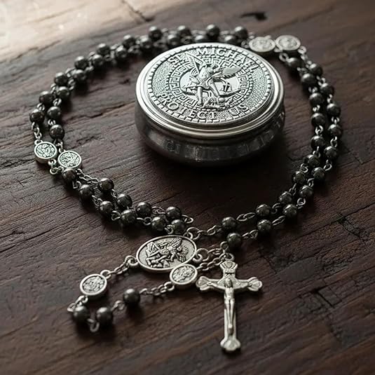 Black Hematite Silver St. Michael Stone Beads Rosary Necklace with Metal Box - Nazareth Store