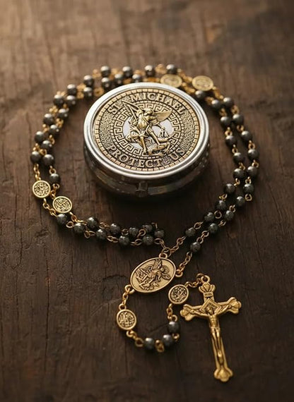 Black Hematite Stone Beads Rosary St. Michael Necklace with Metal Box - Nazareth Store