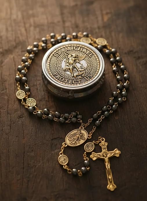 Black Hematite Stone Beads Rosary St. Michael Necklace with Metal Box - Nazareth Store
