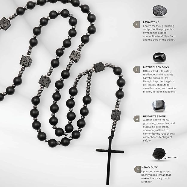 Black Tiger Eye & Lava Stone 9mm Beads Rosary Necklace with Black Alloy Cross Nazareth Store