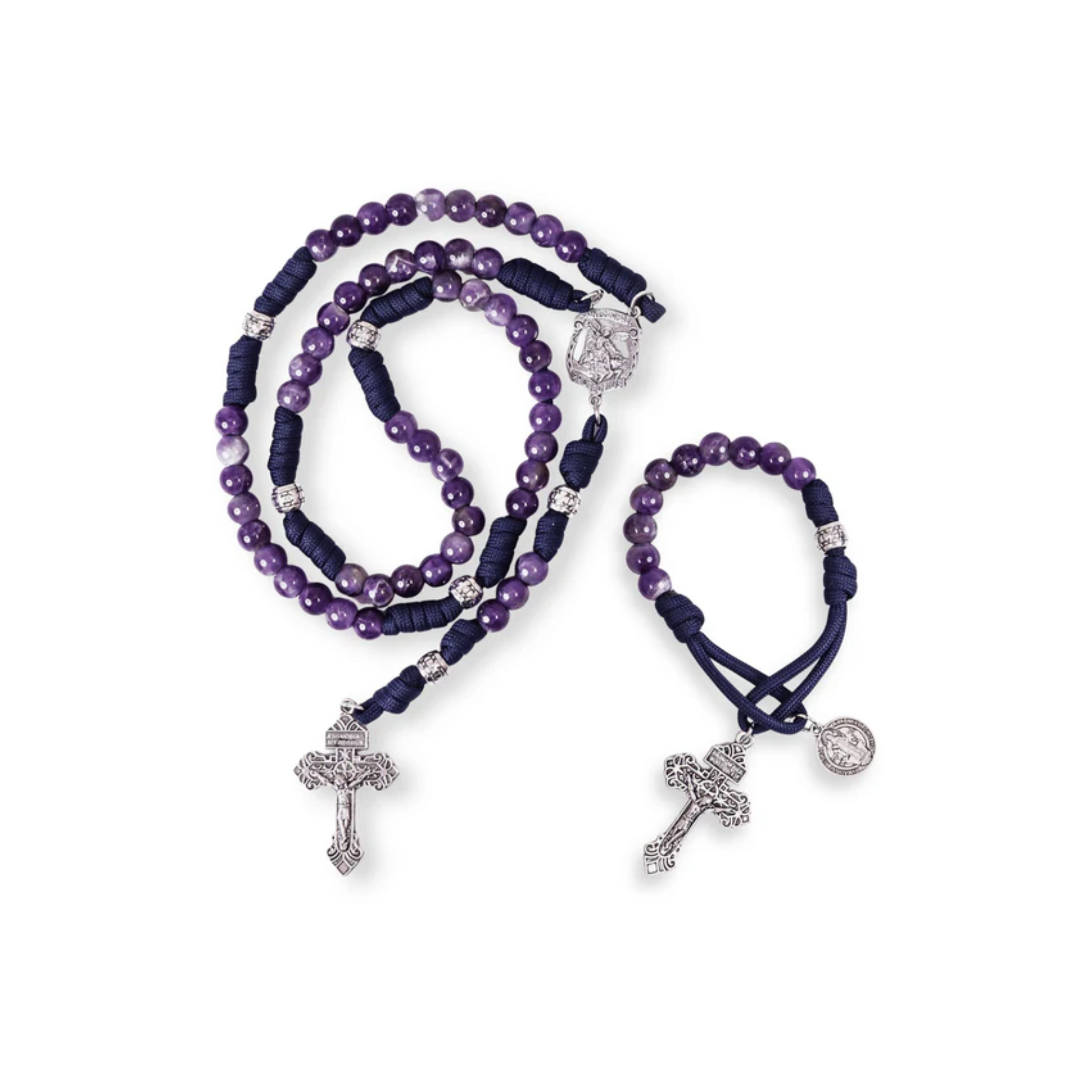 Amethyst One Decade Rosary Beads Paracord Set St. Michael Necklace & St. Benedict 22"