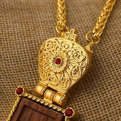 Gold Plated Russian Cross Pendant Wood & Red Stones Orthodox Necklace