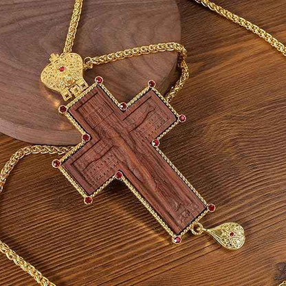 Gold Plated Russian Cross Pendant Wood & Red Stones Orthodox Necklace