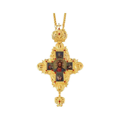 Gold Plated Red Stone Orthodox Cross Pendant Crucifix Necklace with Jesus Icon