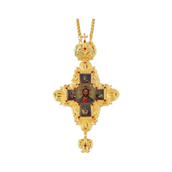 Gold Plated Red Stone Orthodox Cross Pendant Crucifix Necklace with Jesus Icon