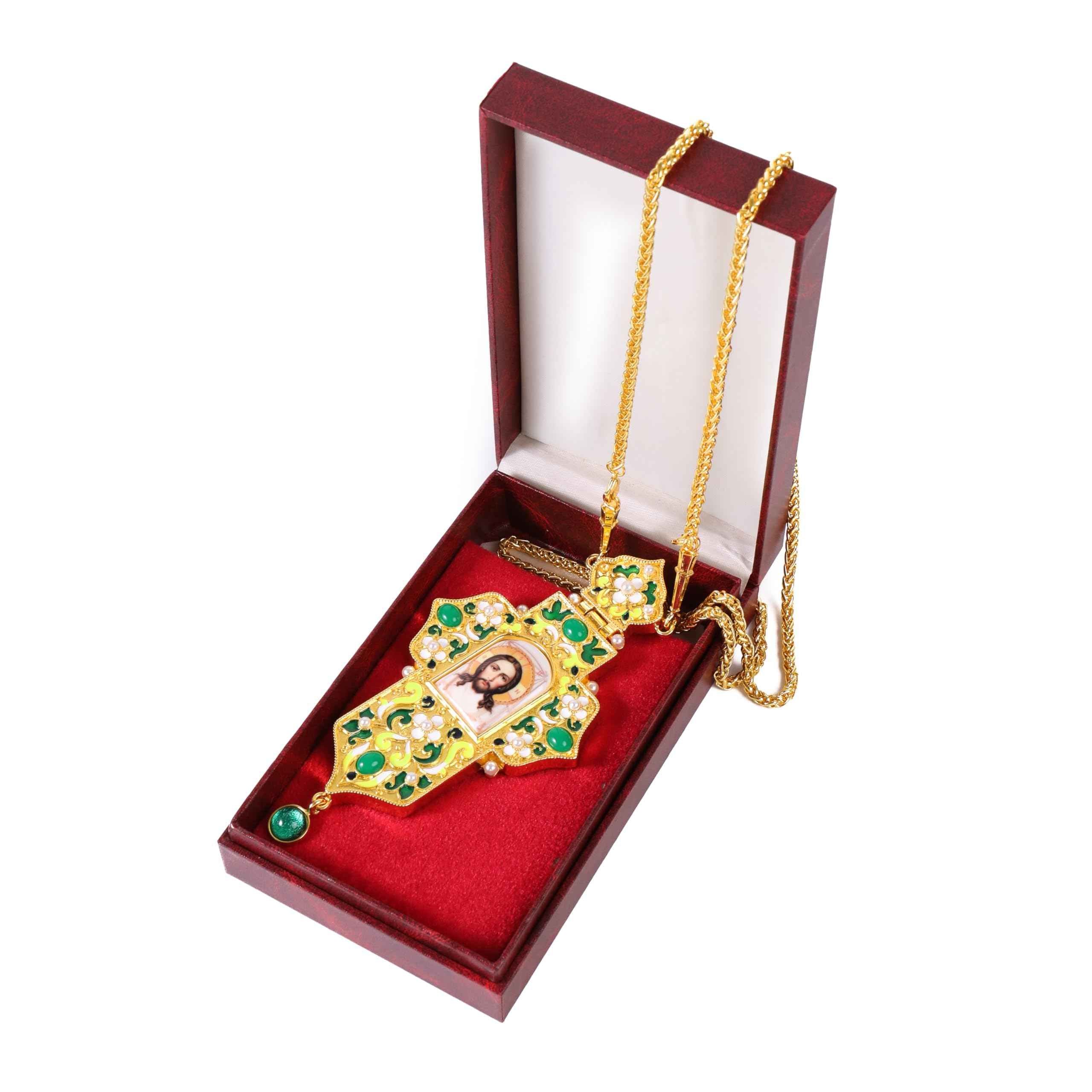Green Enamel Orthodox Cross Pendant Gold Plated Crucifix Necklace