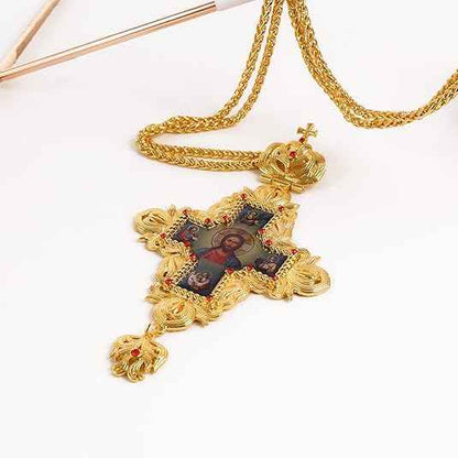 Gold Plated Red Stone Orthodox Cross Pendant Crucifix Necklace with Jesus Icon