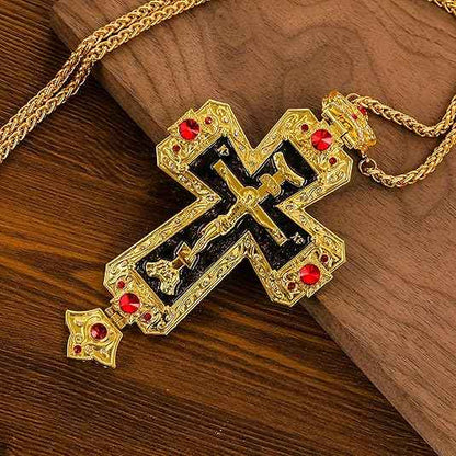 18K Gold Plated Grey Glaze Pectoral Cross Pendant Red Zircon Crucifix Necklace