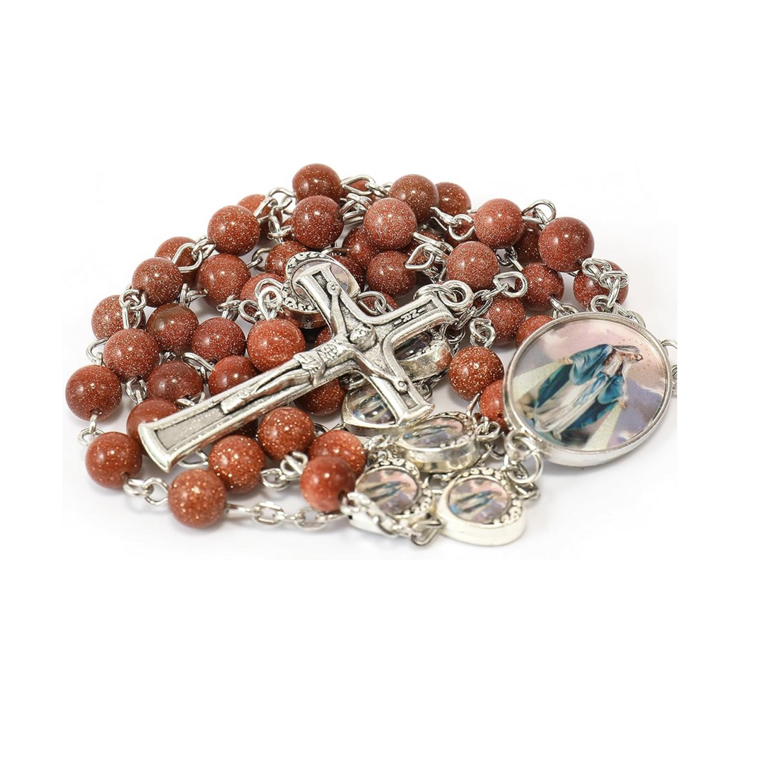 Gold Sandstones Beads Rosary Miraculous Epoxy Heart Metal Beads Necklace Nazareth Store