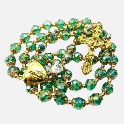 Crystal Beads Gold Flowers Beaded Rosary Necklace Miraculous Heart Locket Medal & Cross - Nazareth Store