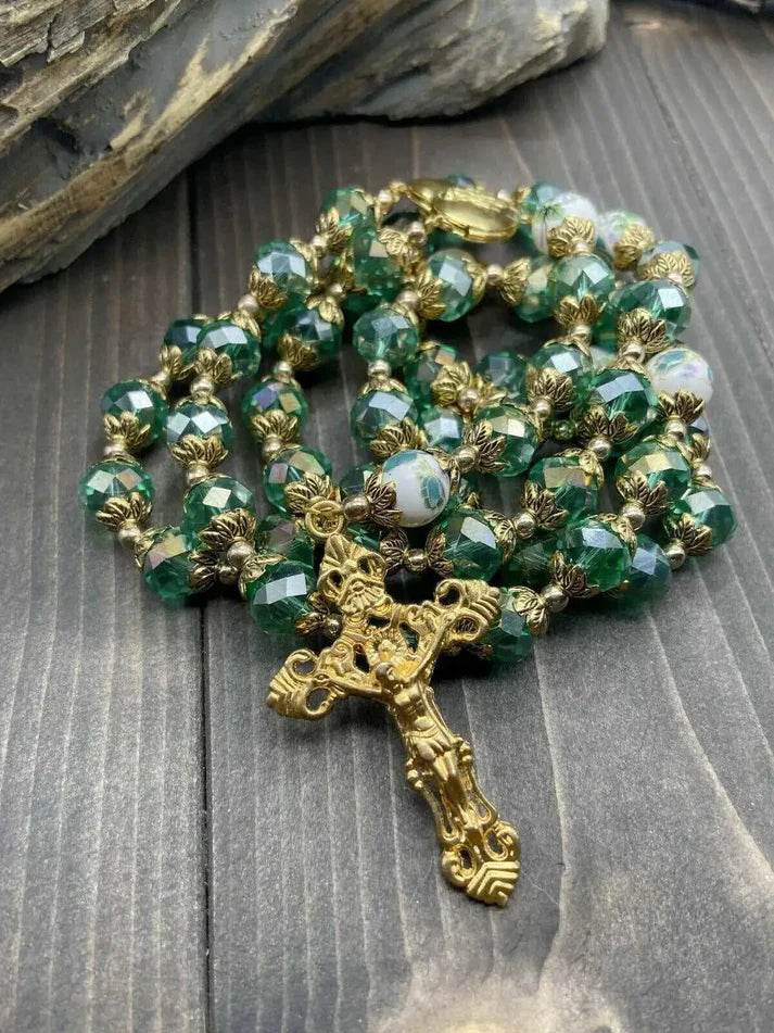 Crystal Beads Gold Flowers Beaded Rosary Necklace Miraculous Heart Locket Medal & Cross - Nazareth Store
