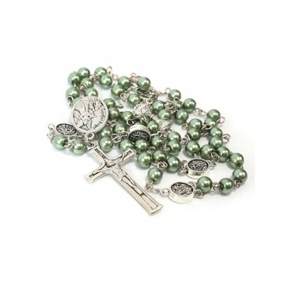 Green Pearl Communion Rosary Guardian Our Father Beads and St. Michael Medal - Nazareth Store