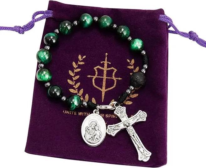 Green Tiger Eye One Decade Car Rosary St. Joseph Medal & Jesus Cross - Nazareth Store