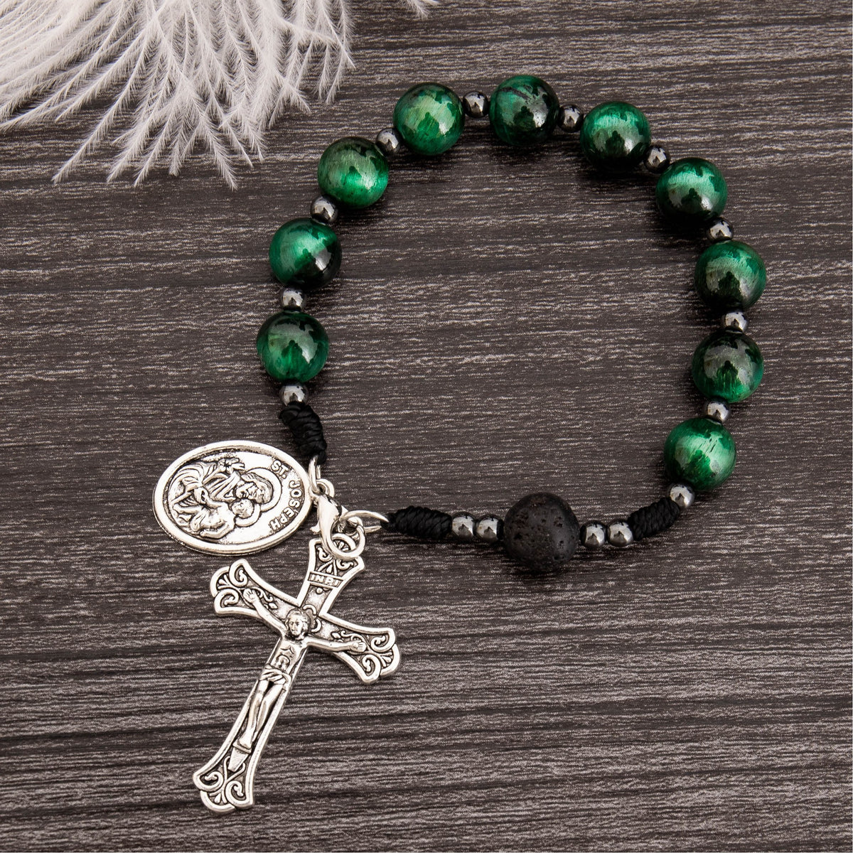 Green Tiger Eye One Decade Car Rosary St. Joseph Medal & Jesus Cross - Nazareth Store