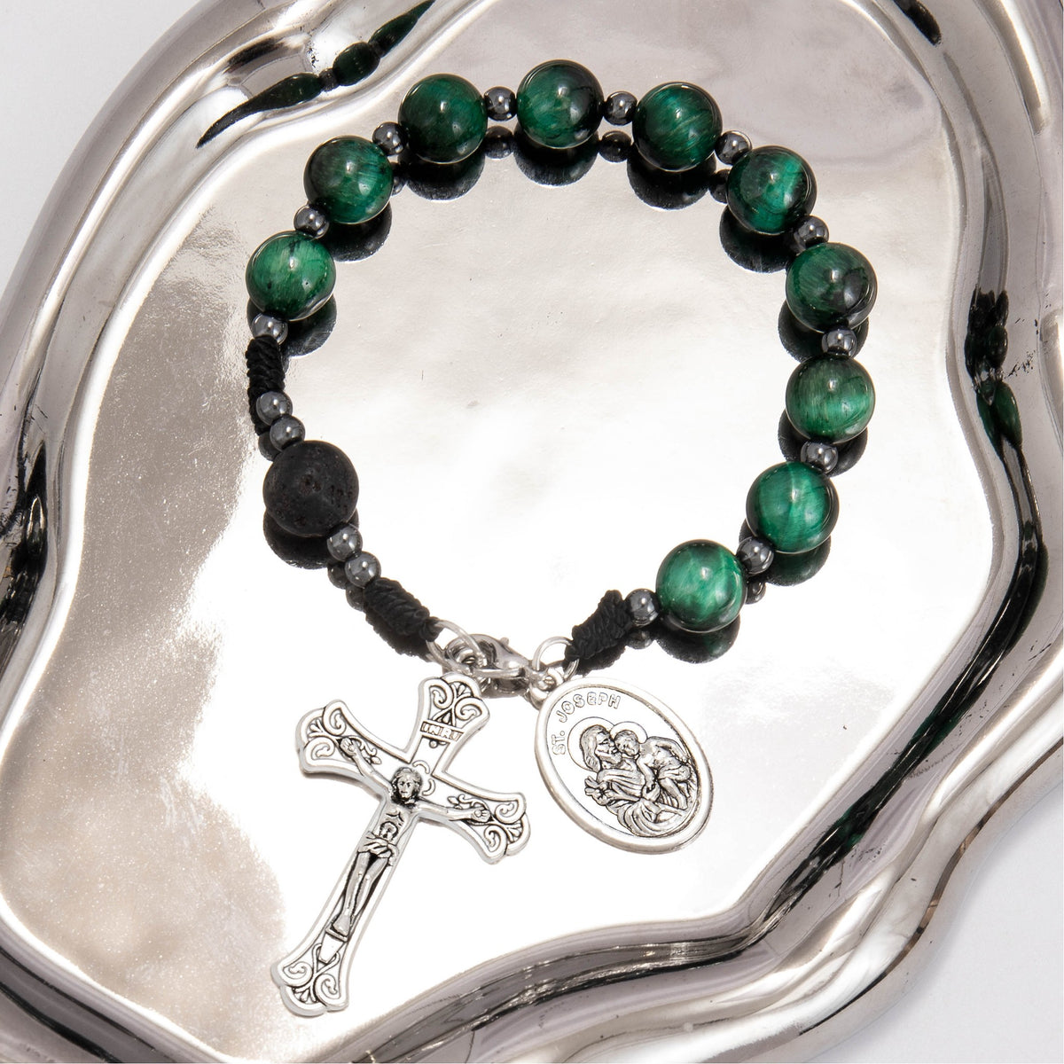 Green Tiger Eye One Decade Car Rosary St. Joseph Medal & Jesus Cross - Nazareth Store