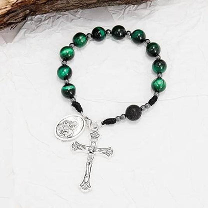Green Tiger Eye One Decade Car Rosary St. Joseph Medal & Jesus Cross - Nazareth Store