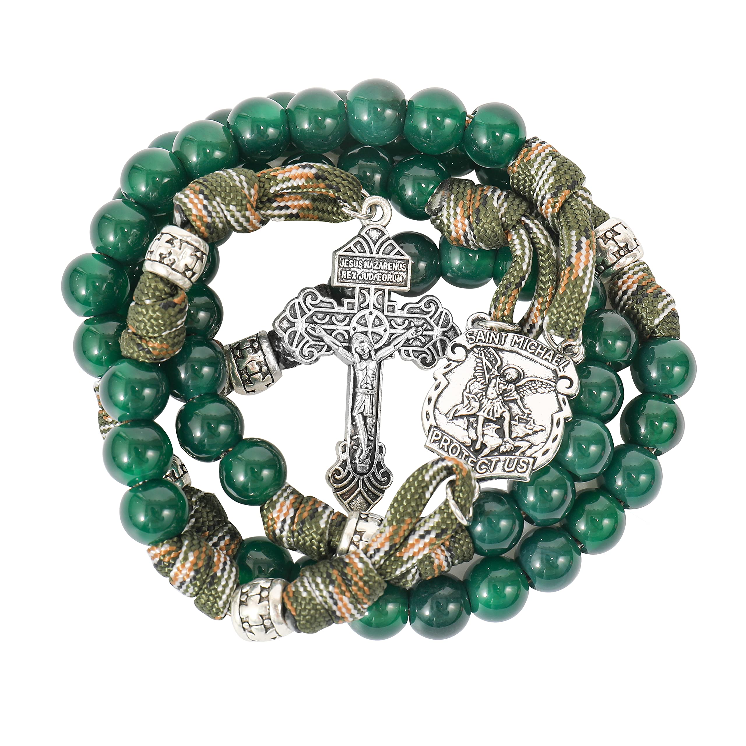 Green Agate One Decade Rosary Beads Paracord Set St. Michael Necklace & St. Benedict 22" (Copy)