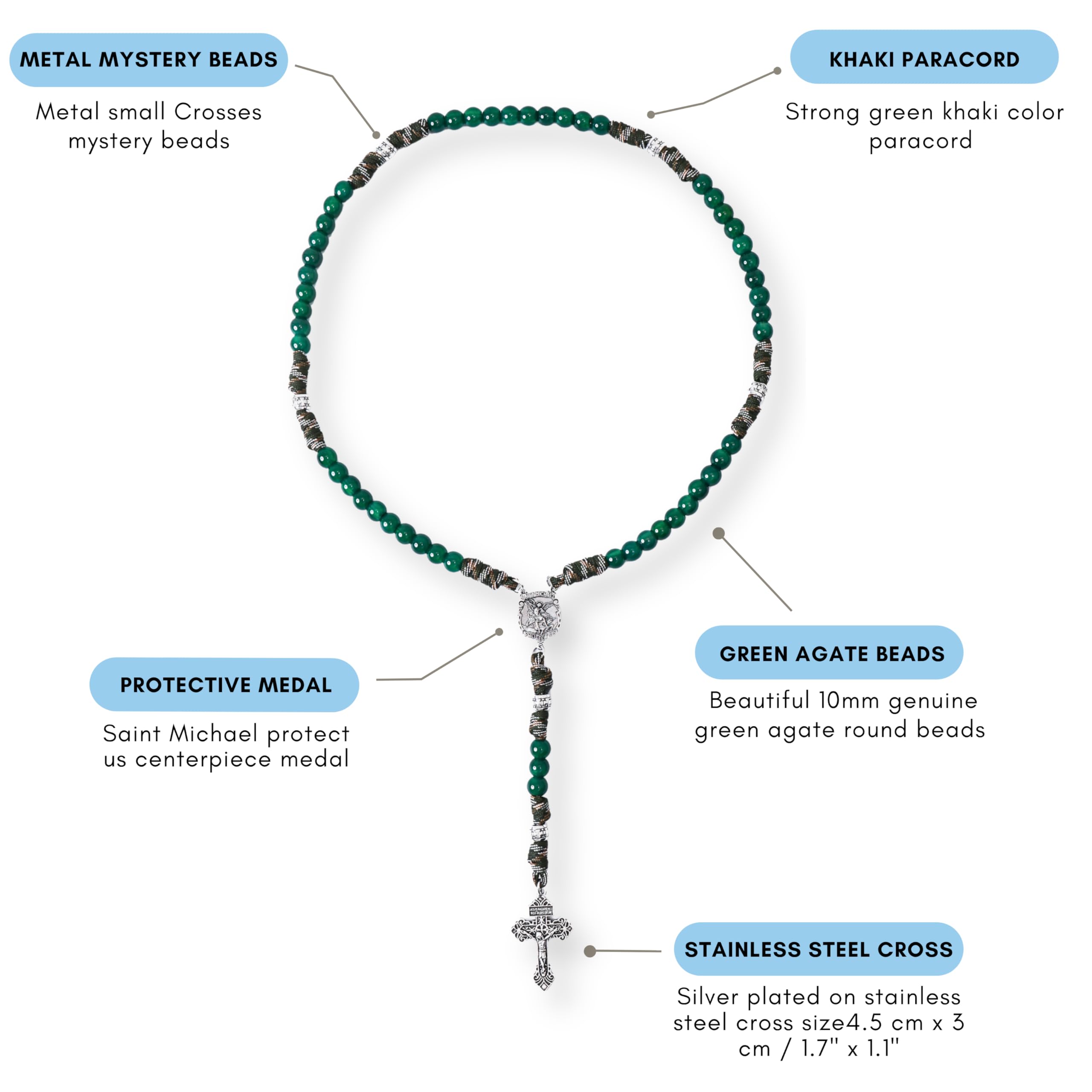 Green Agate One Decade Rosary Beads Paracord Set St. Michael Necklace & St. Benedict 22" (Copy)