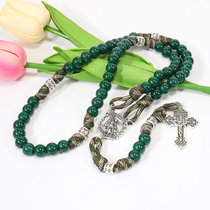 Green Agate One Decade Rosary Beads Paracord Set St. Michael Necklace & St. Benedict 22" (Copy)