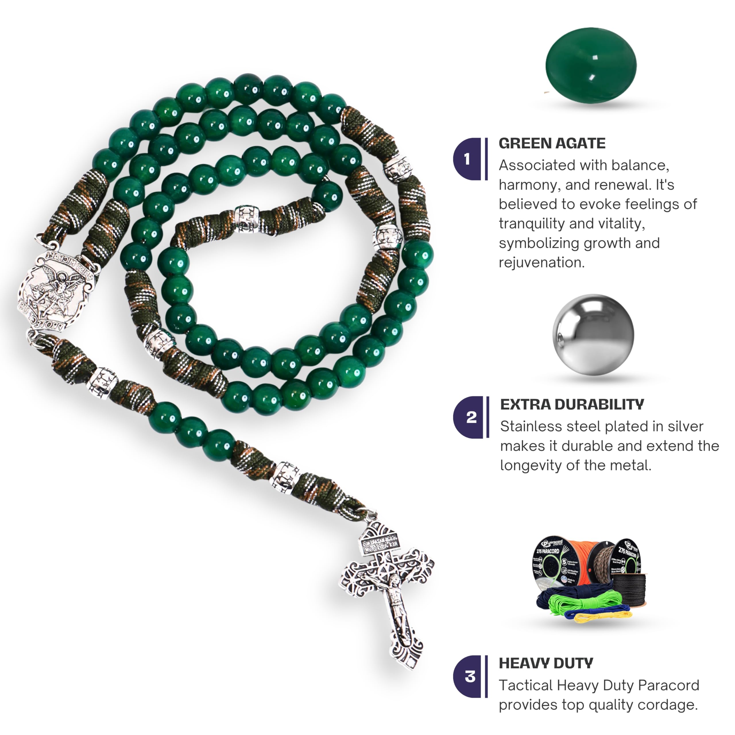 Green Agate One Decade Rosary Beads Paracord Set St. Michael Necklace & St. Benedict 22" (Copy)