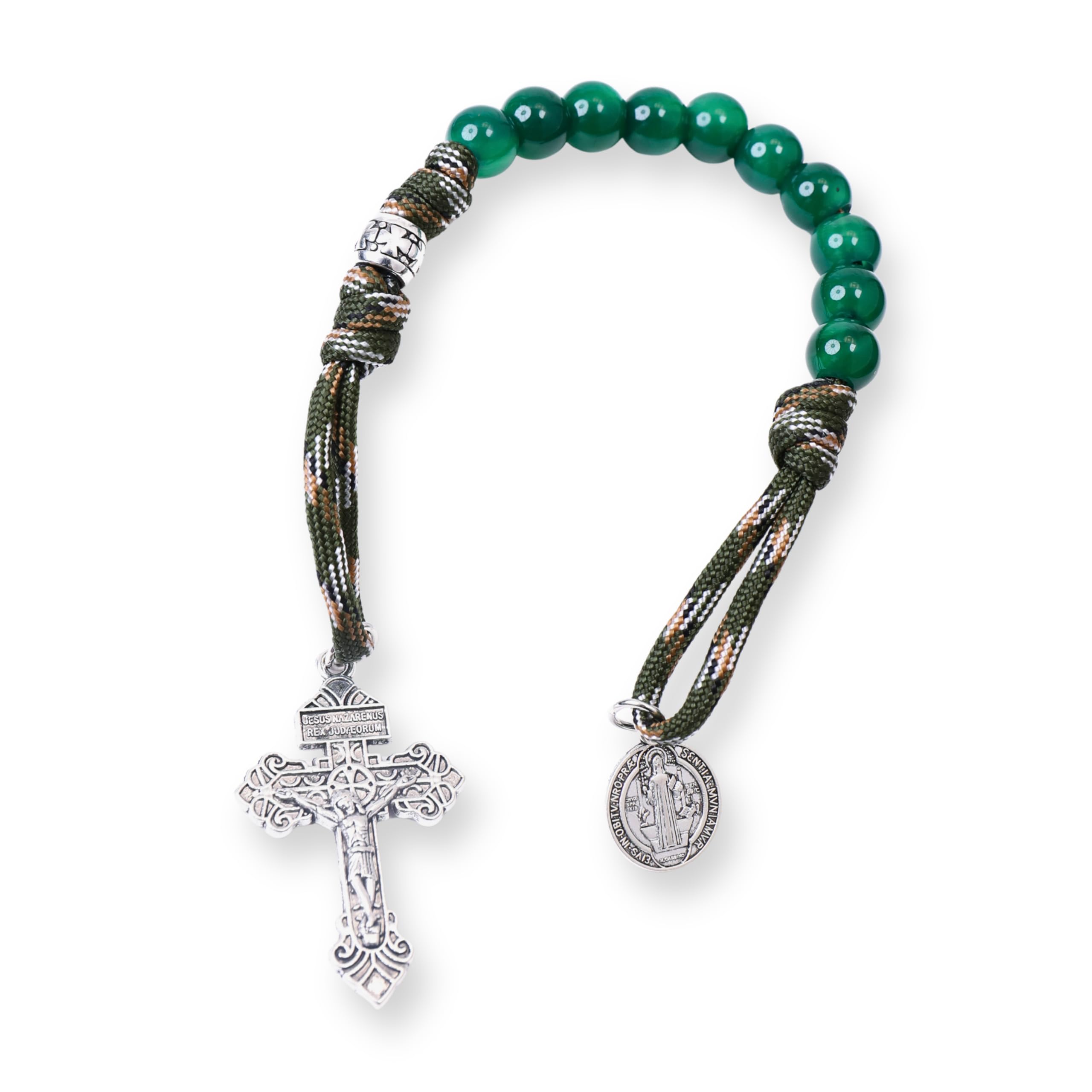 Green Agate One Decade Rosary Beads Paracord Set St. Michael Necklace & St. Benedict 22" (Copy)