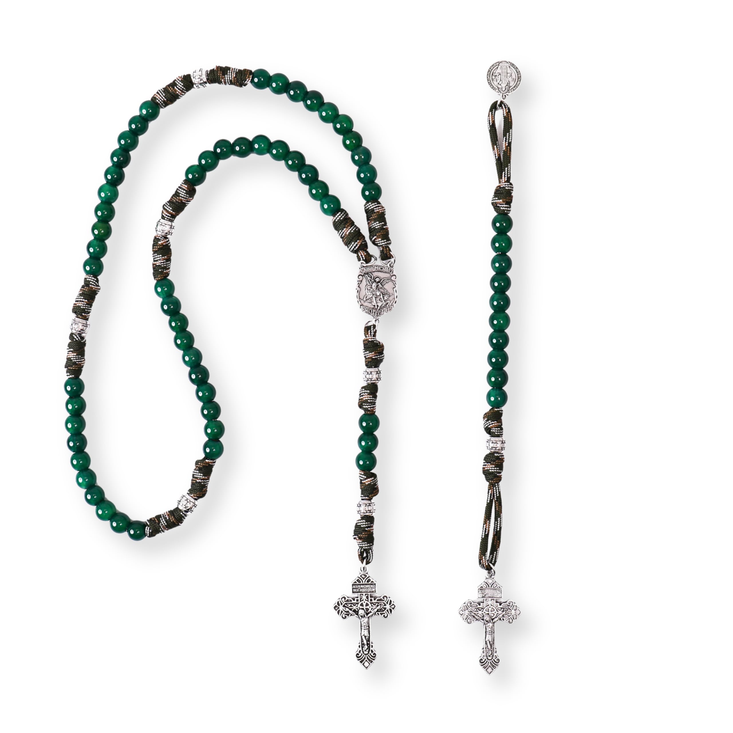 Green Agate One Decade Rosary Beads Paracord Set St. Michael Necklace & St. Benedict 22" (Copy)