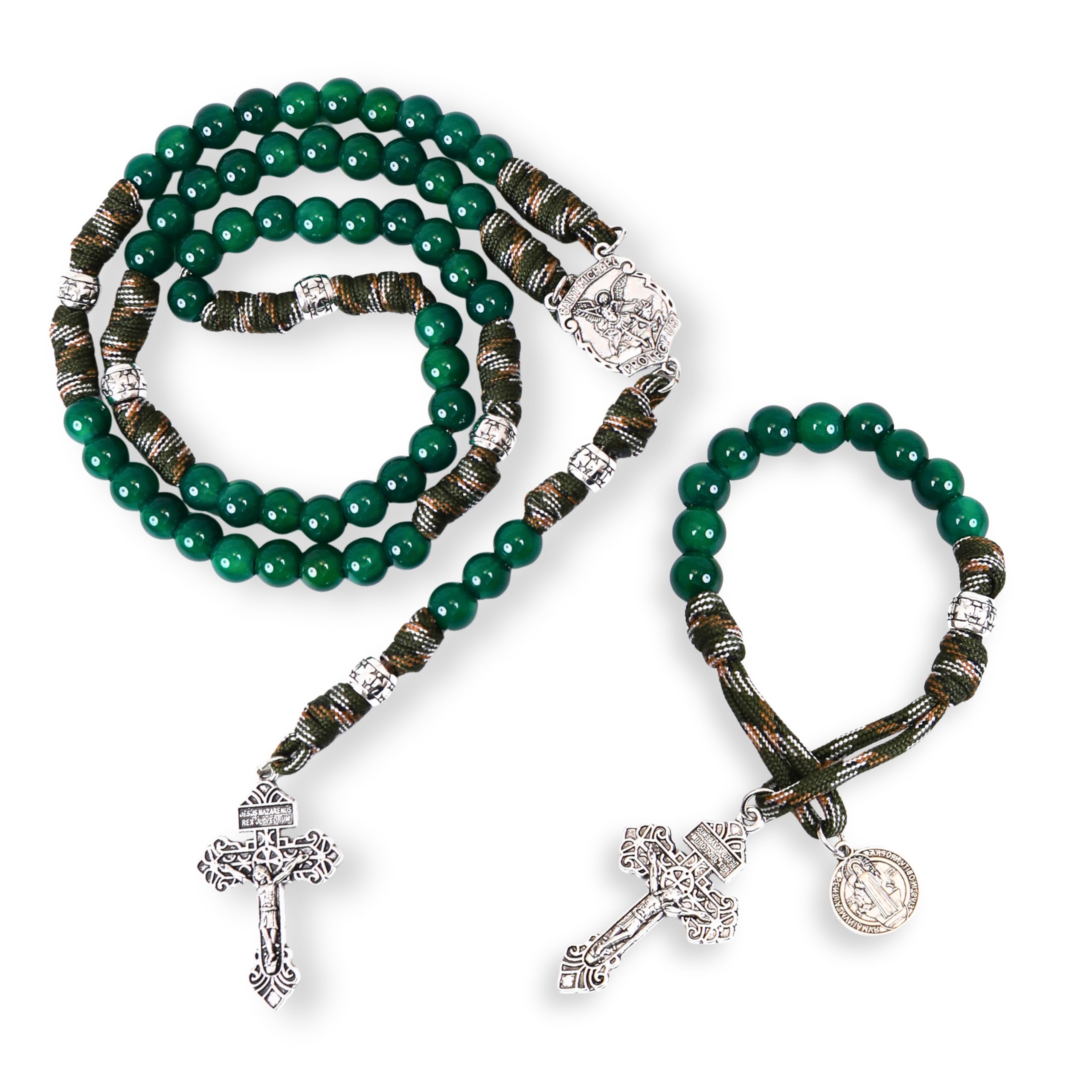 Green Agate One Decade Rosary Beads Paracord Set St. Michael Necklace & St. Benedict 22" (Copy)